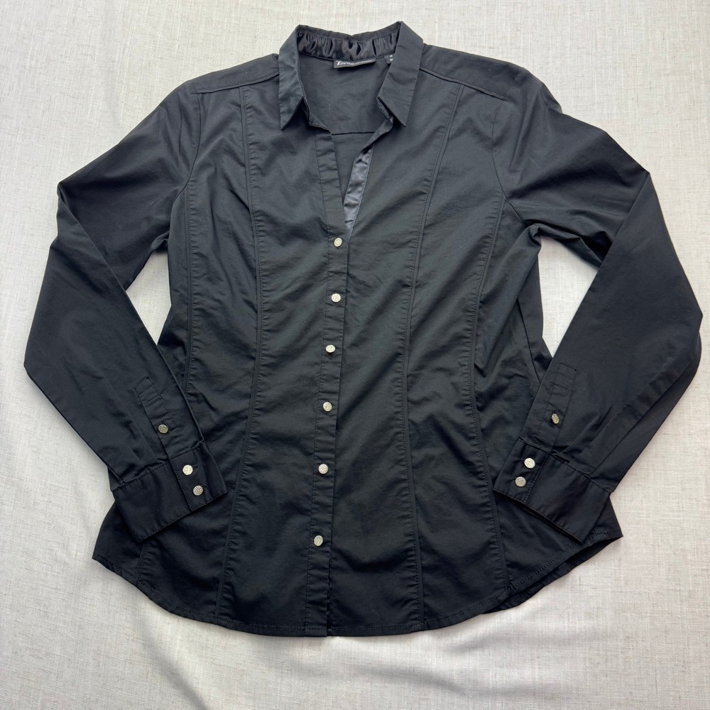New York & Company Button Down Women Medium Black Tailored 7th Avenue Officecore